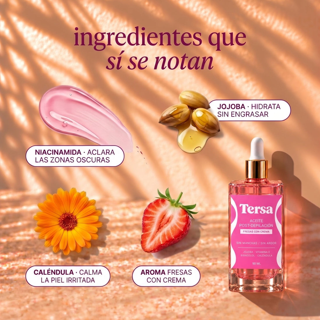Ingredientes que sí se notan: niacinamida, jojoba, caléndula y aroma fresas con crema
